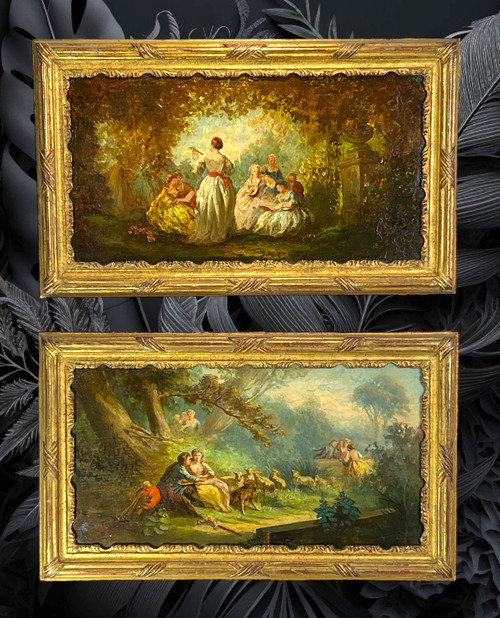 PAIR OF 19th CENTURY TABLES / OIL ON OAK PANELS IN THE GOUT OF MONTICELLI