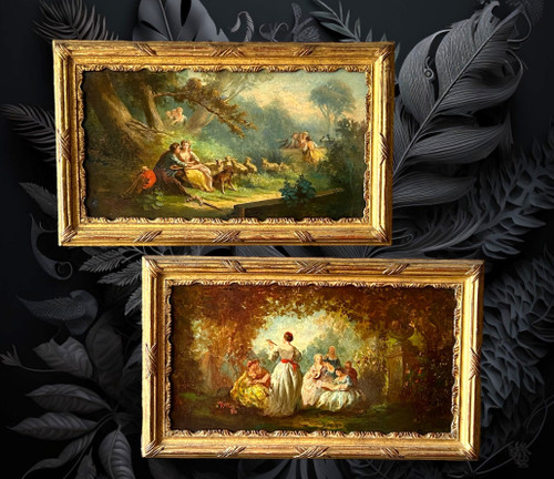 PAIR OF 19th CENTURY TABLES / OIL ON OAK PANELS IN THE GOUT OF MONTICELLI