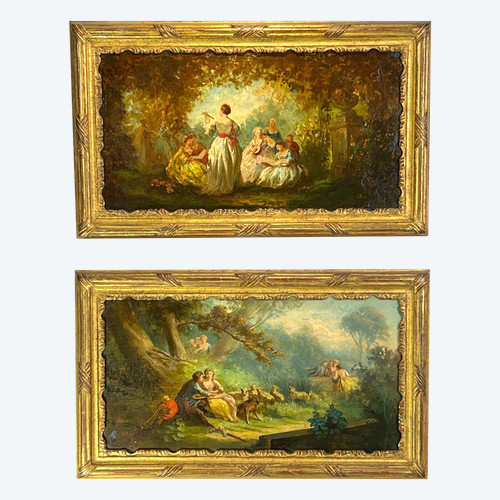 PAIR OF 19th CENTURY TABLES / OIL ON OAK PANELS IN THE GOUT OF MONTICELLI