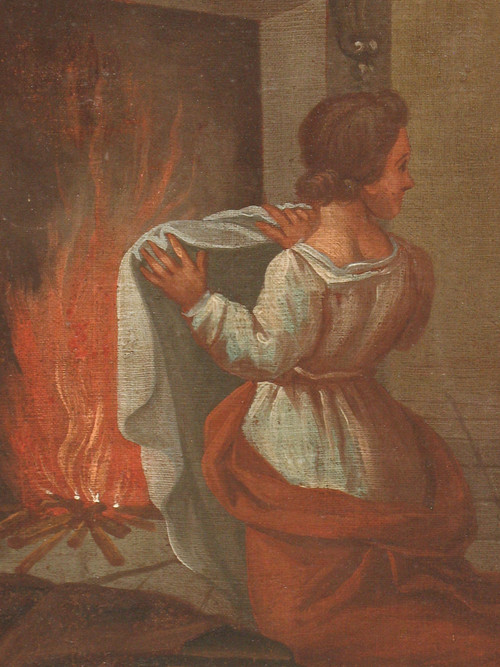 Das Bad des Kindes Geburt Öl auf Leinwand Italienische Schule großes religiöses Gemälde 17.