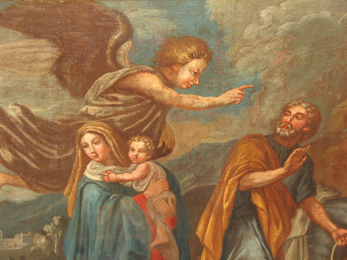 The Flight into Egypt oil on canvas after Nicolas Poussin large religious painting 17th century