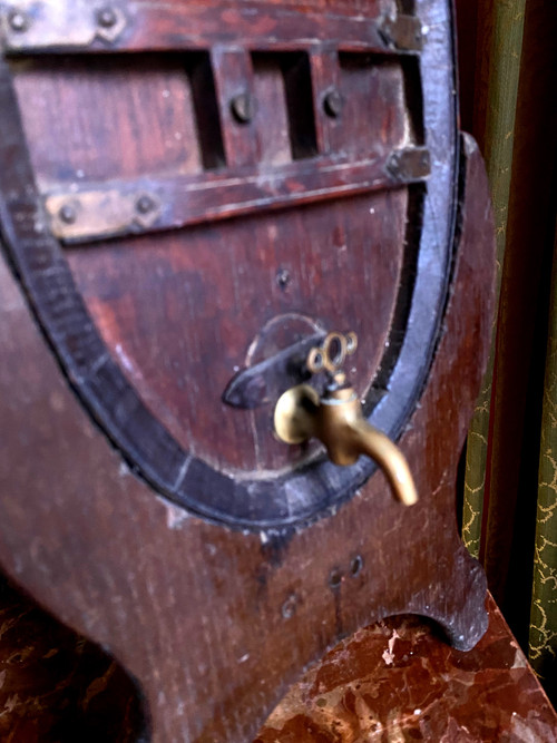 Oak vinegar table barrel from the end of the 19th century on its lightning-shaped tripod