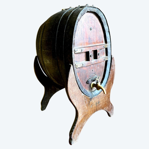 Oak vinegar table barrel from the end of the 19th century on its lightning-shaped tripod