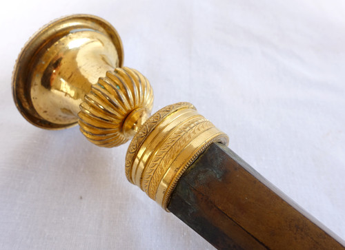 Coppia di candelieri stile Impero in bronzo patinato e dorato di Ravrio, inizio XIX secolo