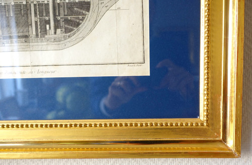Engraving cutting of Royal Navy vessels - plate from the Encyclopédie 18th century gilded wood frame