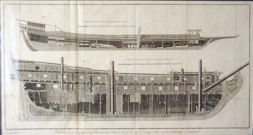 Engraving cutting of Royal Navy vessels - plate from the Encyclopédie 18th century gilded wood frame