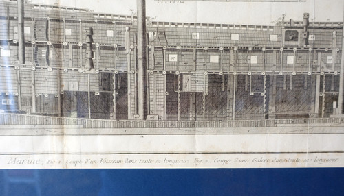 Engraving cutting of Royal Navy vessels - plate from the Encyclopédie 18th century gilded wood frame