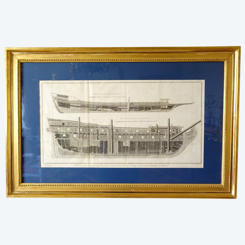 Engraving cutting of Royal Navy vessels - plate from the Encyclopédie 18th century gilded wood frame