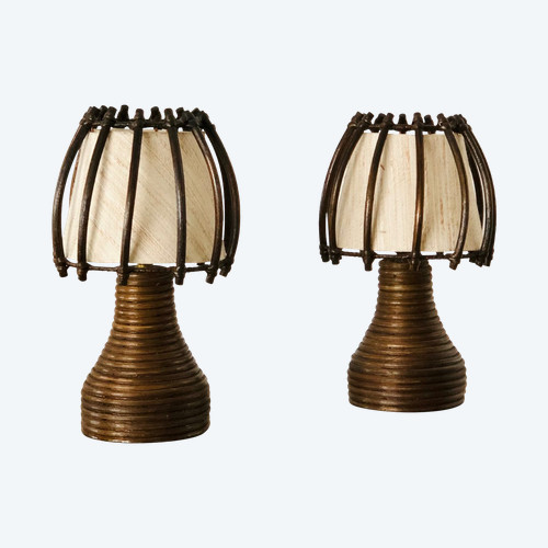 Lampes à poser en rotin par Louis Sognot, France années 50