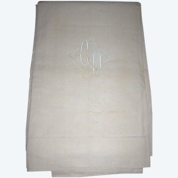 Drap ancien brodé en lin monogrammé