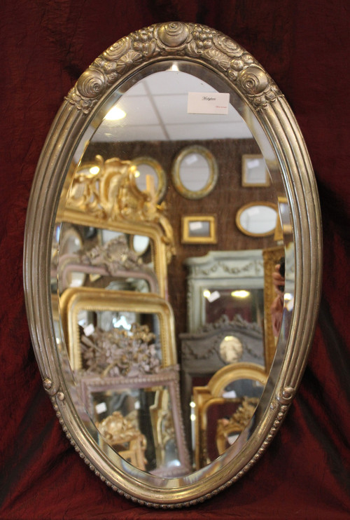 Art-deco Silver Metal Oval Mirror (Süe Et Mare), Beveled Glass 52 X 83 Cm