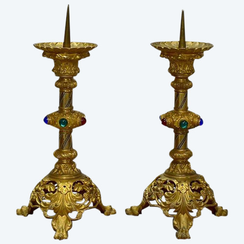 Paire de Pique-cierges en Bronze doré et laiton – 1900