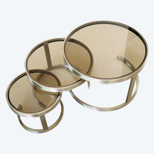 Tables basses gigognes acier brossé et verre fumé, France années 70