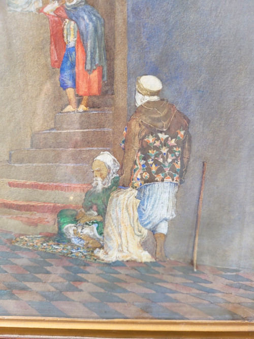 Ruelle Animée, Aquarelle Orientaliste Encadrée, Fin XIXème Siècle Début XXème Siècle