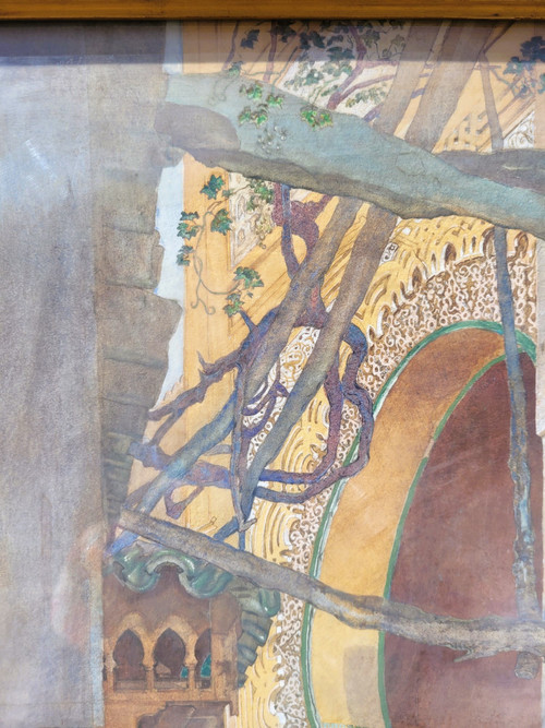 Ruelle Animée, Aquarelle Orientaliste Encadrée, Fin XIXème Siècle Début XXème Siècle