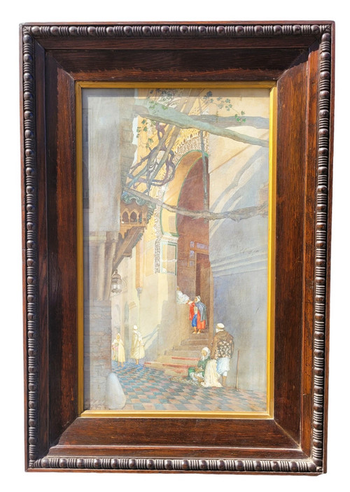 Ruelle Animée, Aquarelle Orientaliste Encadrée, Fin XIXème Siècle Début XXème Siècle
