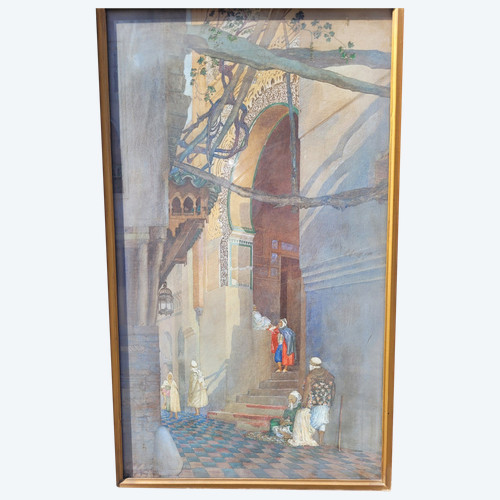 Ruelle Animée, Aquarelle Orientaliste Encadrée, Fin XIXème Siècle Début XXème Siècle