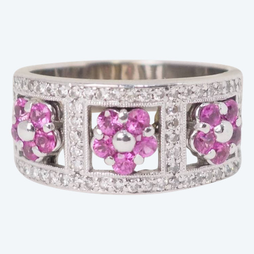 Anello a fascia in oro bianco, topazio rosa e diamanti