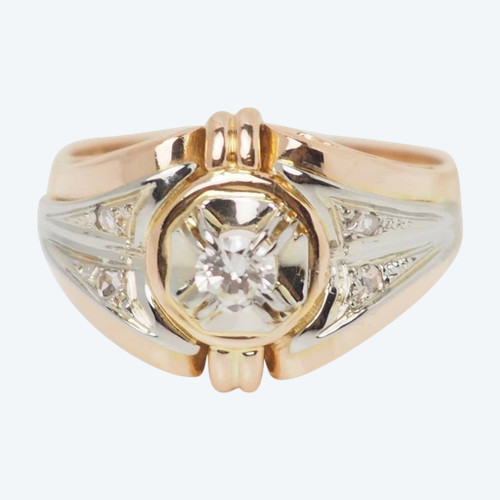 Antico anello bicolore in oro e diamanti