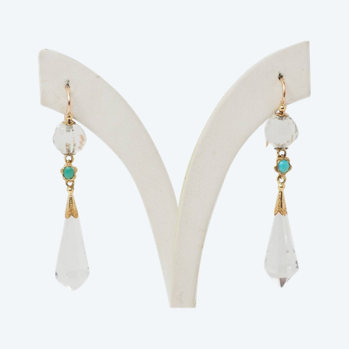 Boucles d'oreilles en or jaune, cristal de roche et turquoise 