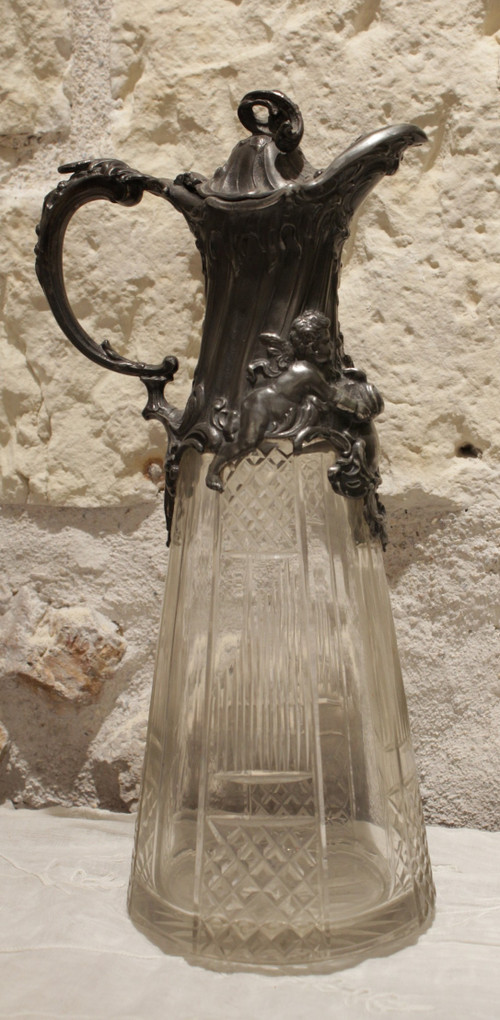 Cut crystal ewer and putti pewter mount circa 1900