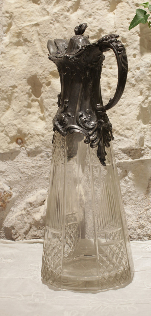 Cut crystal ewer and putti pewter mount circa 1900