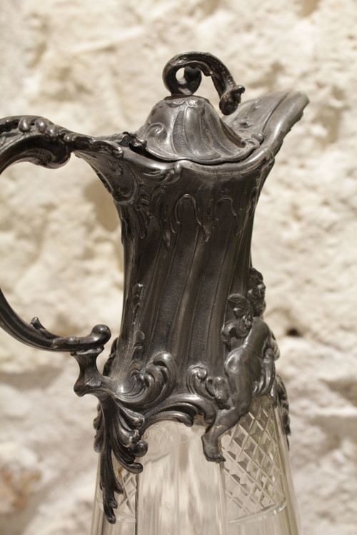 Cut crystal ewer and putti pewter mount circa 1900