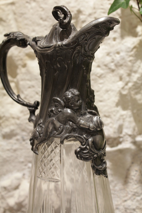 Cut crystal ewer and putti pewter mount circa 1900