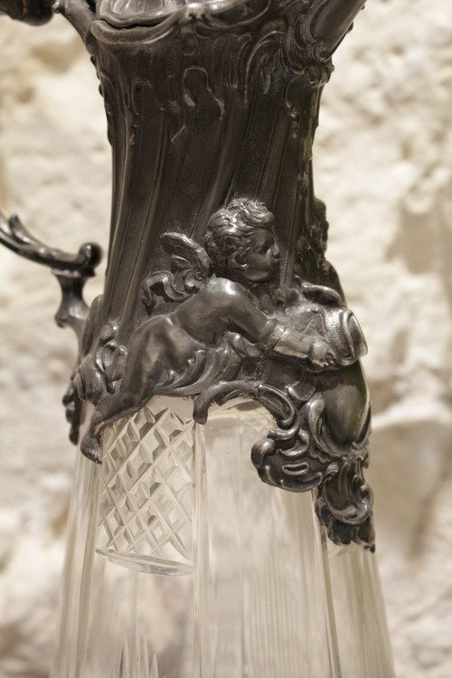 Cut crystal ewer and putti pewter mount circa 1900