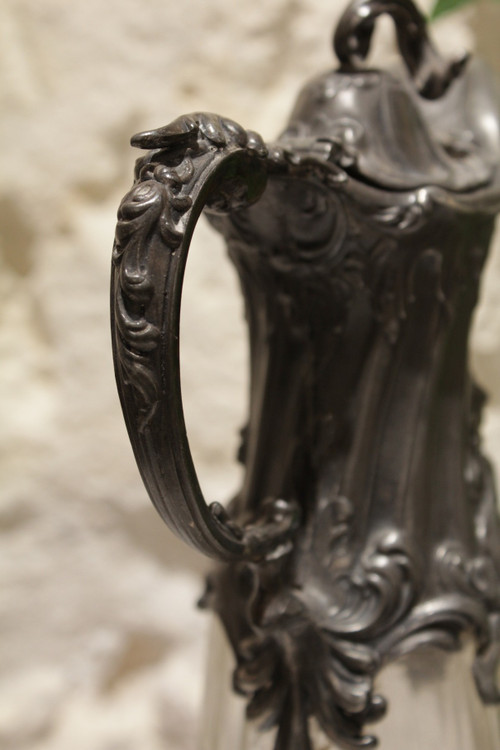 Cut crystal ewer and putti pewter mount circa 1900