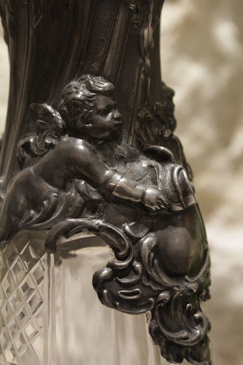 Cut crystal ewer and putti pewter mount circa 1900