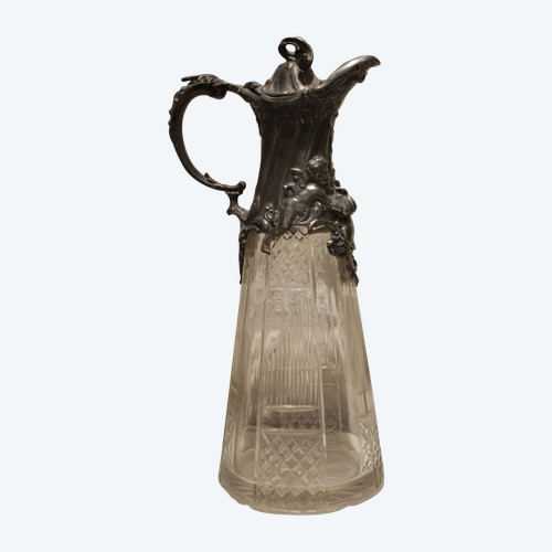Cut crystal ewer and putti pewter mount circa 1900