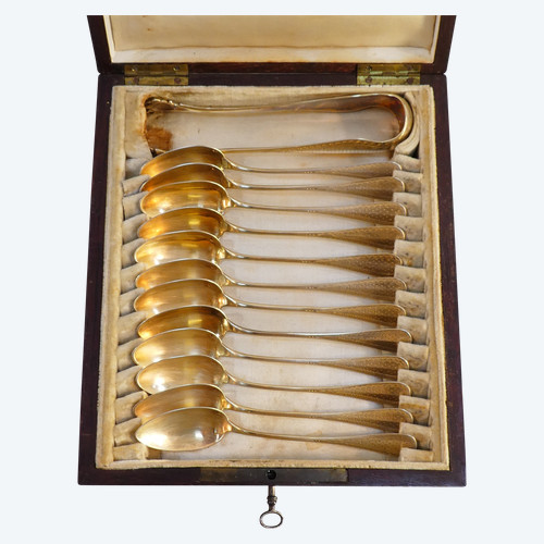 SCATOLA DA 12 cucchiaini e pinzette per zucchero ARGENTO 925 vermeil H. SOUFFLOT
