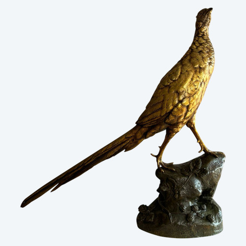 Große Bronzeskulptur „Léon Bureau“ Der Fasan auf einem Felsen.