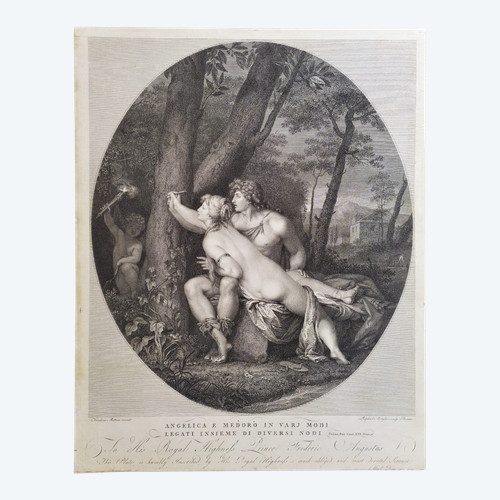  Etching Angelic And Medor Mythological Engraving 18th C Old Print