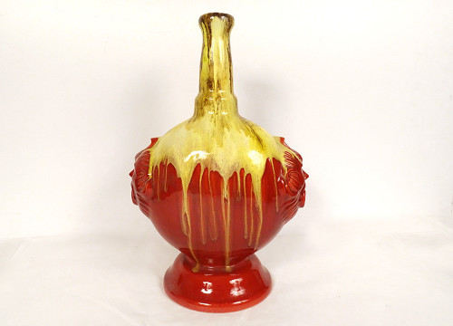 Glazed Earthenware Gourd Vase HB Quimper Mascarons Grotesques 20th Century