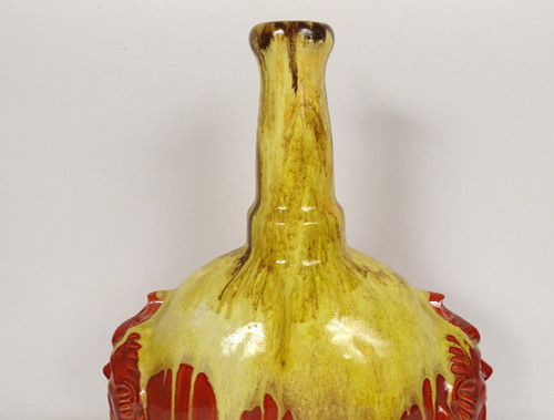Glazed Earthenware Gourd Vase HB Quimper Mascarons Grotesques 20th Century