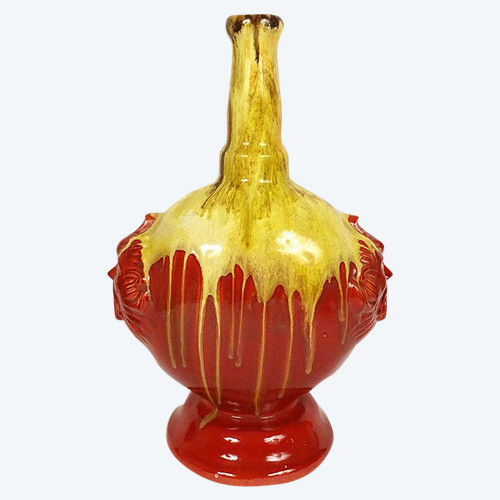 Glazed Earthenware Gourd Vase HB Quimper Mascarons Grotesques 20th Century