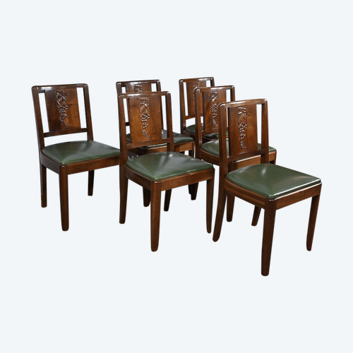 Suite of 6 Art Deco Chairs in Solid Mahogany – 1940