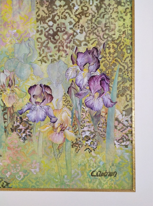 Les Iris Par C. Aubrun Gouache Et Aquarelle XXème