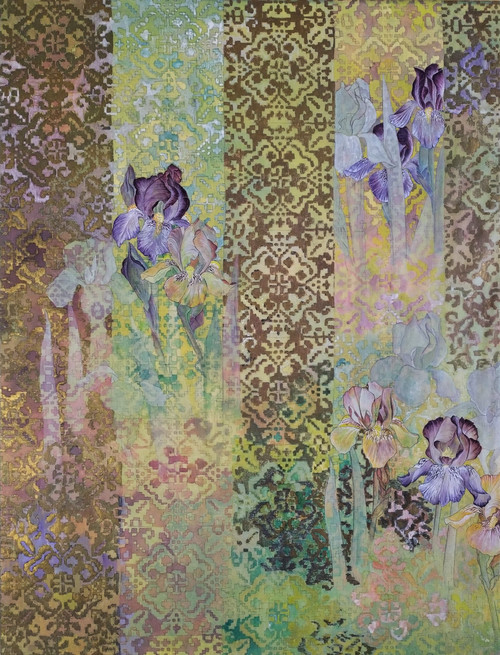 Les Iris Par C. Aubrun Gouache Et Aquarelle XXème
