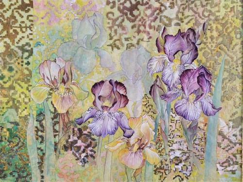 Les Iris Par C. Aubrun Gouache Et Aquarelle XXème