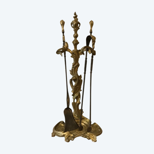 Beautiful large bronze fireplace set from the 19th century in Louis XV style