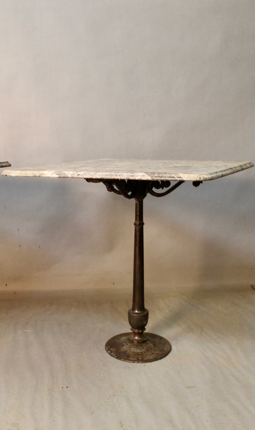 Pair Of Bistro Tables Cast Iron Base Marble Top