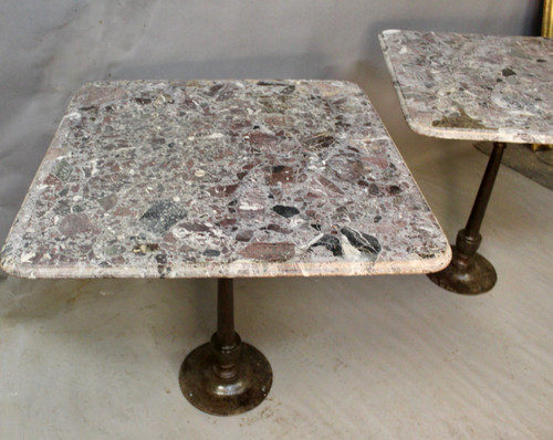 Pair Of Bistro Tables Cast Iron Base Marble Top