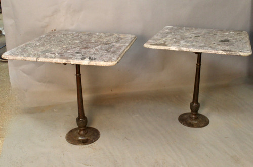 Pair Of Bistro Tables Cast Iron Base Marble Top