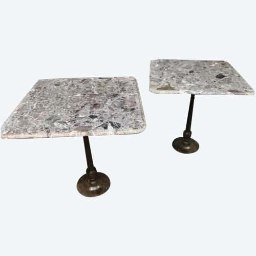 Pair Of Bistro Tables Cast Iron Base Marble Top