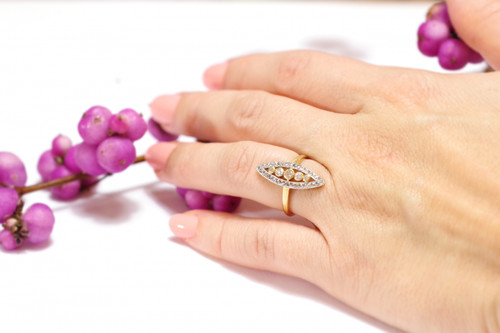 Anello marquise con diamanti in oro giallo 18k e platino, anello di fidanzamento, matrimonio