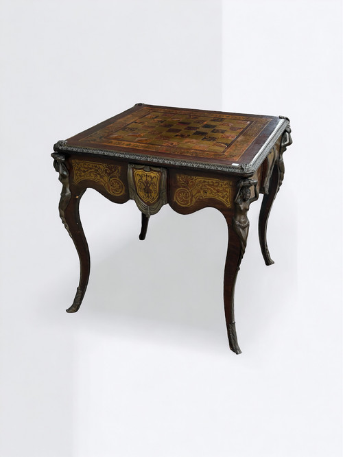 Table à Jeux De Style Louis XV Napoléon III Marqueterie Boulle D’époque XXème Siècle 