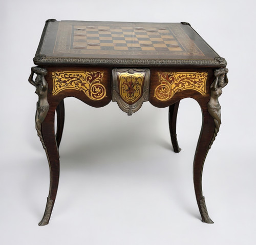 Table à Jeux De Style Louis XV Napoléon III Marqueterie Boulle D’époque XXème Siècle 
